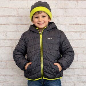 Eddie Bauer Boys M Black Insulated Reversible Fleece Hooded Winter Jacket